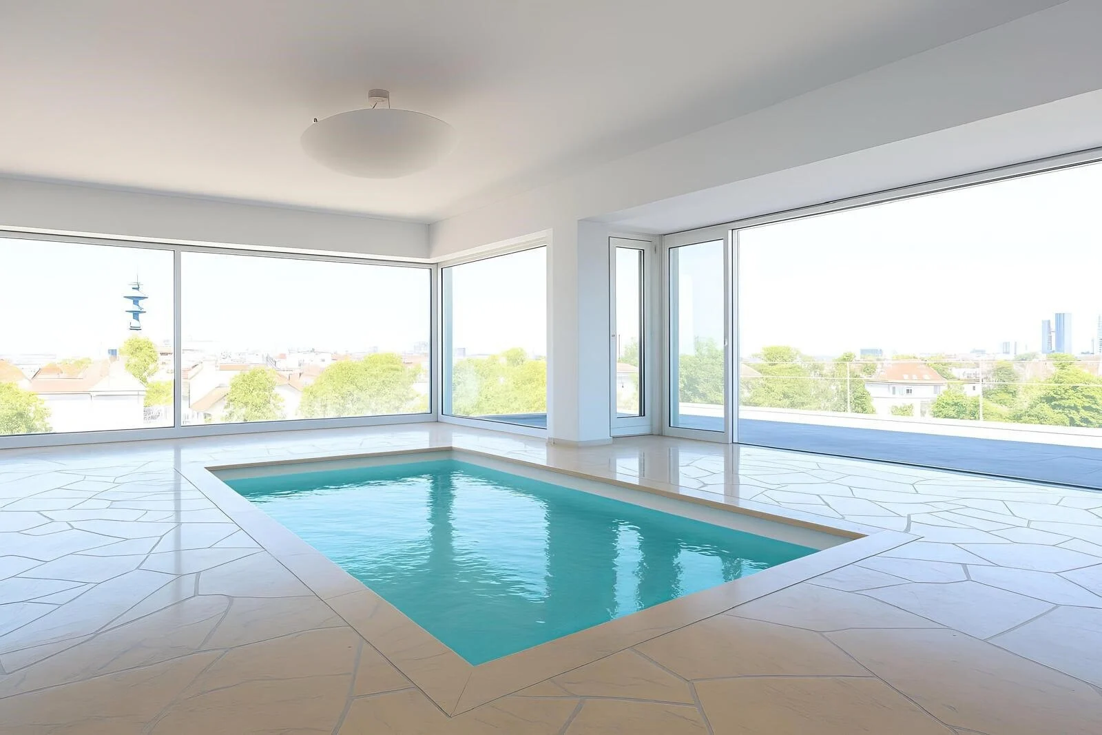 Mögliche Poolansicht aus den Objektunterlagen: Innenpool vor großen Panoramafenstern